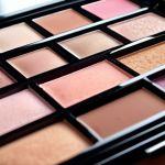 **Close-up of a multi-palette makeup set.** Focus on the various shades of eyeshadow, blush, and highlighter within the palette. The image should have a soft, diffused lighting to showcase the textures of the powders. Consider adding makeup brushes and sponges in the background, subtly out of focus. Include classic German beauty product brands like Nivea or Catrice for localization. Capture the feeling of sophistication and accessible beauty.