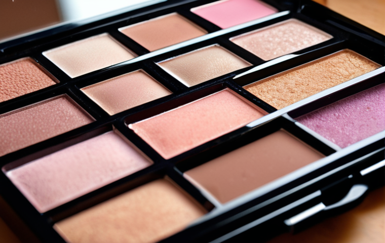 **Close-up of a multi-palette makeup set.** Focus on the various shades of eyeshadow, blush, and highlighter within the palette. The image should have a soft, diffused lighting to showcase the textures of the powders. Consider adding makeup brushes and sponges in the background, subtly out of focus. Include classic German beauty product brands like Nivea or Catrice for localization. Capture the feeling of sophistication and accessible beauty.