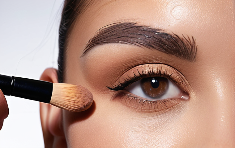 **
Prompt: Close-up of a woman's eye being prepped for eyeshadow. Focus on the eyelid, showcasing a creamy concealer being applied with a synthetic brush. Soft, diffused lighting. Emphasize the smooth texture of the concealer and the clean, prepared eyelid. Subtle skin texture. Background slightly blurred. Concealer should look like Nars Radiant Creamy Concealer. High resolution, professional makeup photography.
**