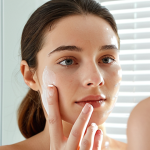 **Prompt:** A woman with sensitive skin applying tinted moisturizer in a bright, natural light setting. Focus on the gentle application and healthy glow of the skin. Background should be a minimalist bathroom with skincare products.