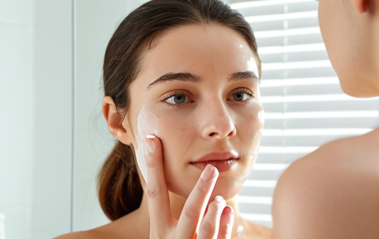 **Prompt:** A woman with sensitive skin applying tinted moisturizer in a bright, natural light setting. Focus on the gentle application and healthy glow of the skin. Background should be a minimalist bathroom with skincare products.