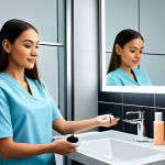 A professional woman, fully clothed in modest, clean attire, demonstrates the efficient use of an electric rotary makeup brush cleaning device. Her well-formed hands gently guide a makeup brush into the device's clear basin, where it is visibly cleaned and spun dry. The scene is set in a bright, modern bathroom vanity with soft, natural lighting and an uncluttered background. Professional photography, high-resolution, sharp focus, vibrant colors, elegant composition. Safe for work, appropriate content, fully clothed, professional dress, perfect anatomy, correct proportions, natural pose, well-formed hands, proper finger count, natural body proportions.