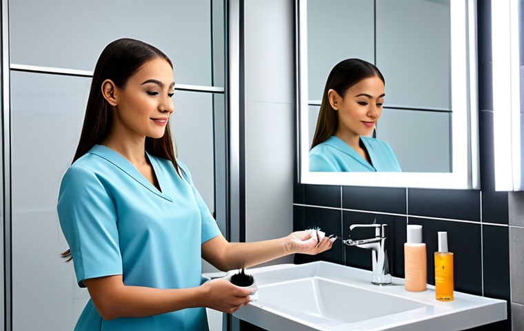 A professional woman, fully clothed in modest, clean attire, demonstrates the efficient use of an electric rotary makeup brush cleaning device. Her well-formed hands gently guide a makeup brush into the device's clear basin, where it is visibly cleaned and spun dry. The scene is set in a bright, modern bathroom vanity with soft, natural lighting and an uncluttered background. Professional photography, high-resolution, sharp focus, vibrant colors, elegant composition. Safe for work, appropriate content, fully clothed, professional dress, perfect anatomy, correct proportions, natural pose, well-formed hands, proper finger count, natural body proportions.
