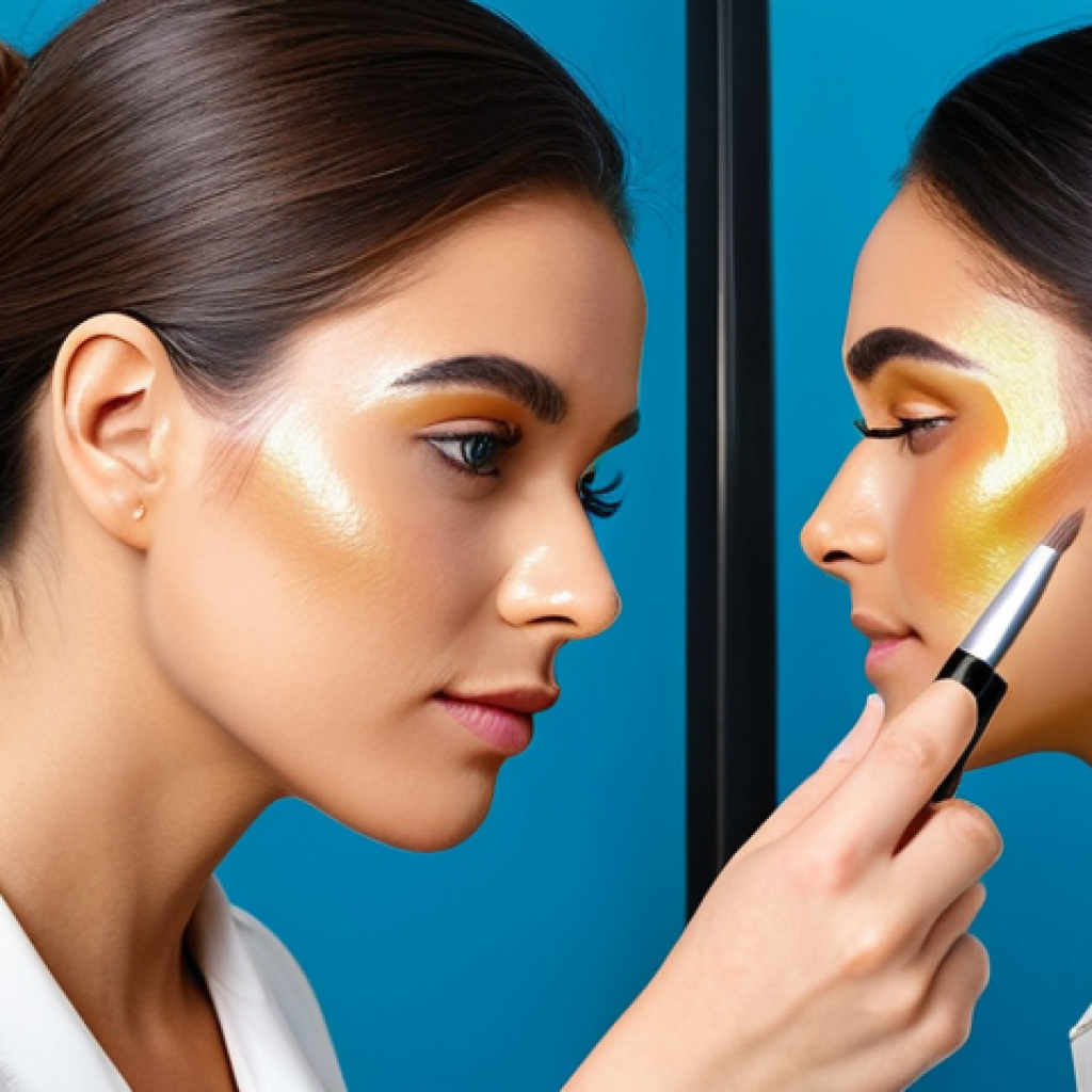**
"A professional makeup artist applying highlighter to a woman's cheekbone in a brightly lit studio, fully clothed, modest clothing, appropriate attire, safe for work, perfect anatomy, natural proportions, well-formed hands, proper finger count, family-friendly, professional photography, high quality."
**