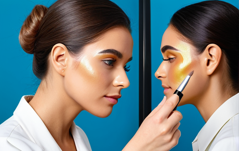 **

"A professional makeup artist applying highlighter to a woman's cheekbone in a brightly lit studio, fully clothed, modest clothing, appropriate attire, safe for work, perfect anatomy, natural proportions, well-formed hands, proper finger count, family-friendly, professional photography, high quality."

**