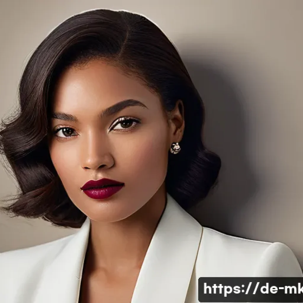 매트 립스틱과 글로시 립스틱 차이 - A portrait of a confident woman in her late 20s to early 30s, dressed in elegant business attire, pe...