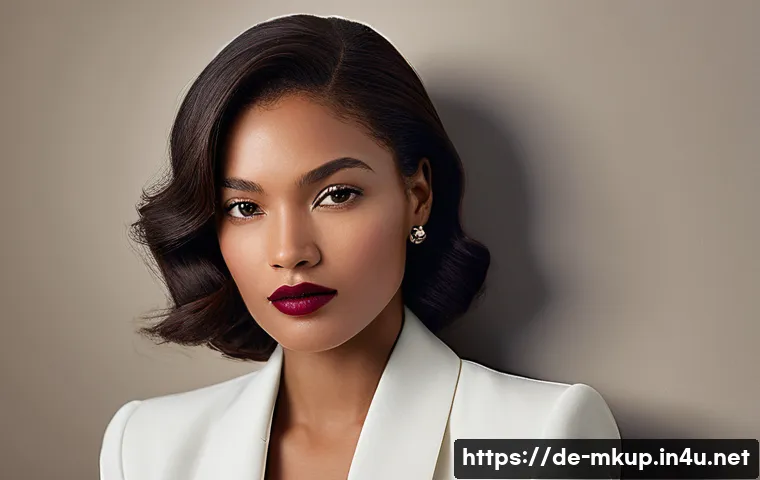 매트 립스틱과 글로시 립스틱 차이 - A portrait of a confident woman in her late 20s to early 30s, dressed in elegant business attire, pe...