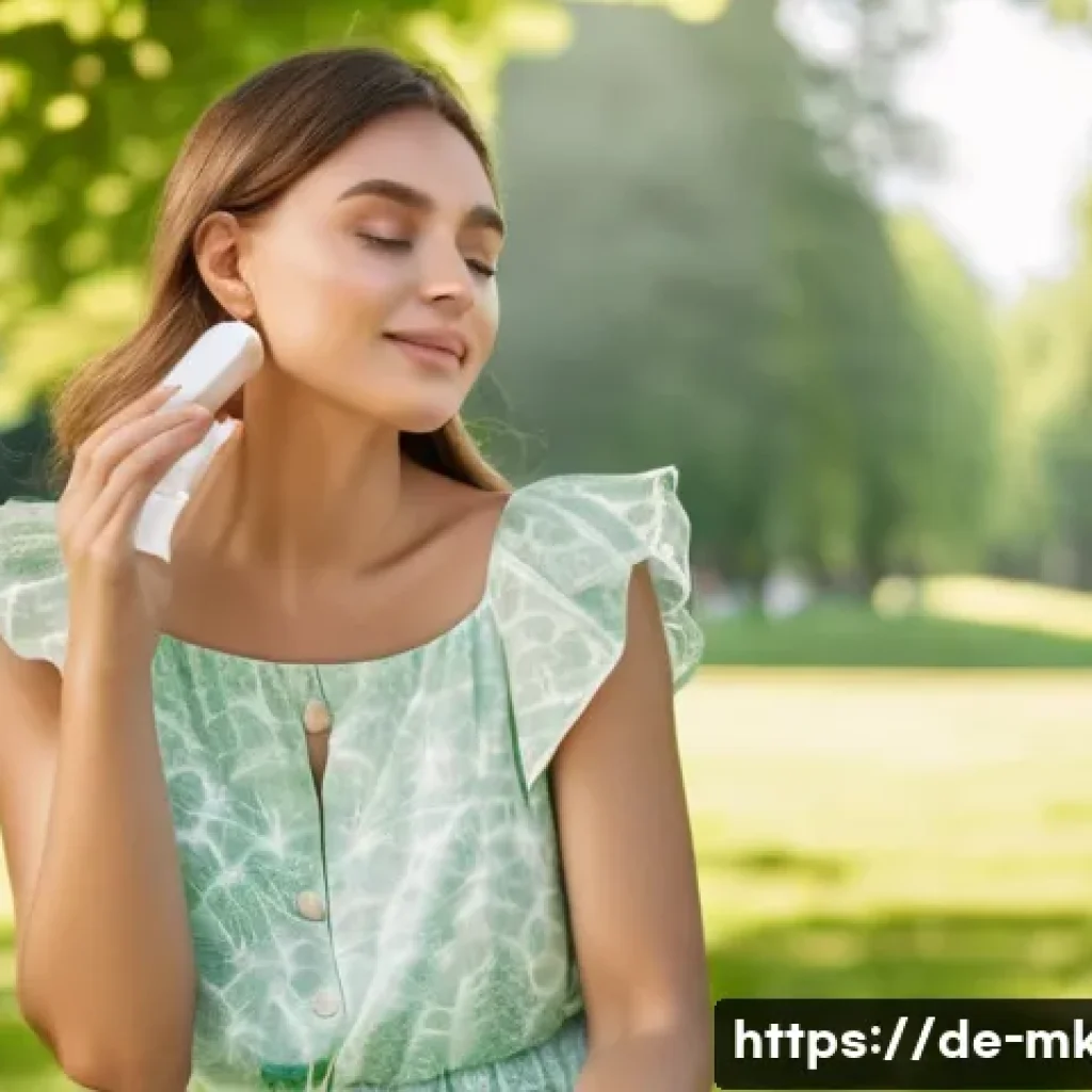 바캉스 메이크업 필수템 - A young woman with flawless summer skin applying a lightweight gel foundation outdoors on a sunny da...