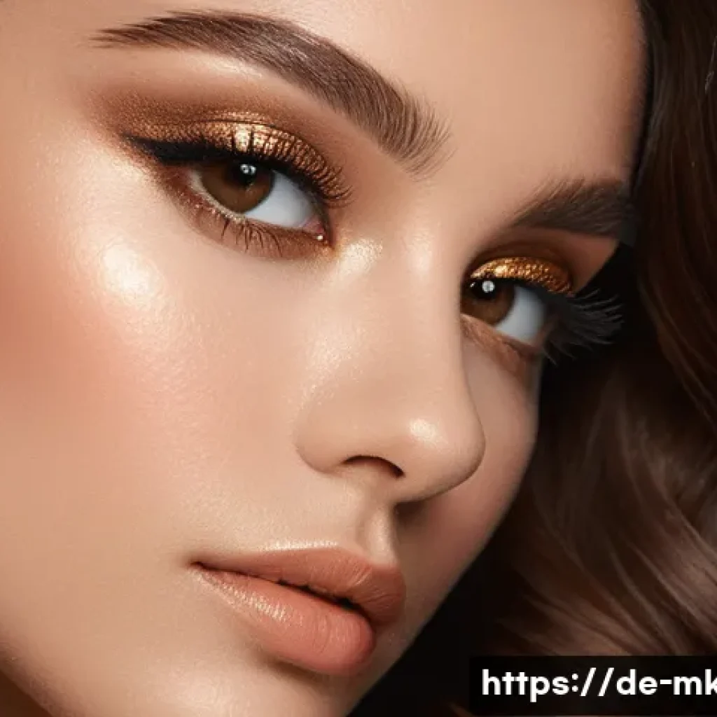 메탈릭 아이섀도우와 매트 섀도우 차이 - A close-up portrait of a young woman with warm skin tone wearing subtle bronze and copper metallic e...