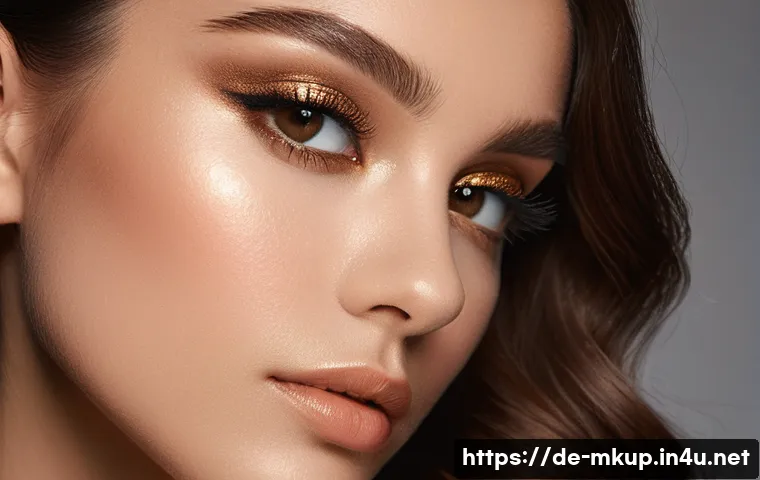 메탈릭 아이섀도우와 매트 섀도우 차이 - A close-up portrait of a young woman with warm skin tone wearing subtle bronze and copper metallic e...