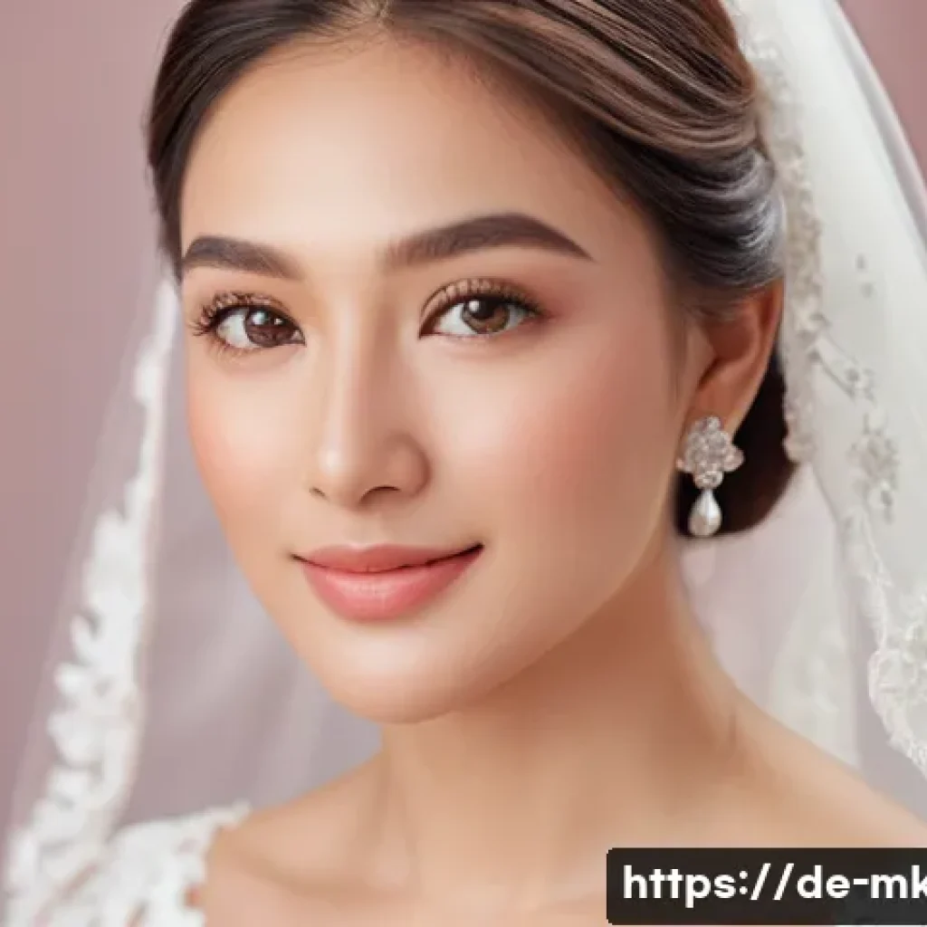 웨딩 메이크업용 고급 파우더 추천 - A close-up portrait of a bride with flawless, matte skin featuring a natural glow, wearing elegant b...