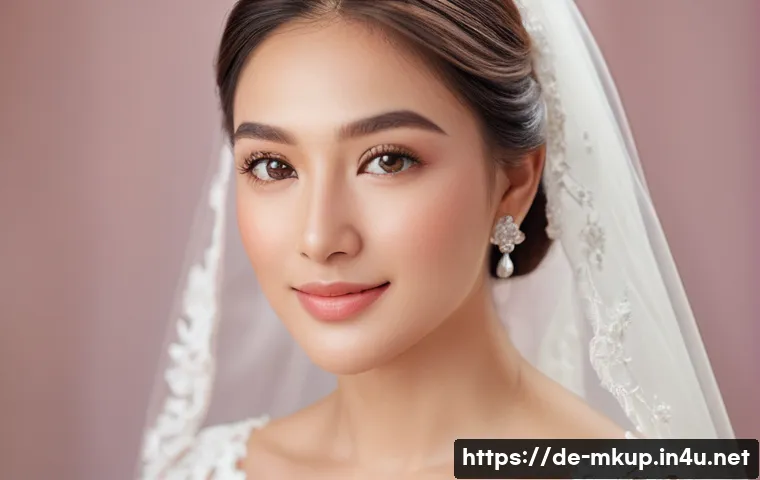 웨딩 메이크업용 고급 파우더 추천 - A close-up portrait of a bride with flawless, matte skin featuring a natural glow, wearing elegant b...