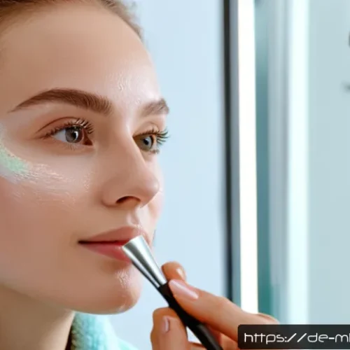 촉촉함을 유지하는 글로우 파우더 - A close-up portrait of a young woman with glowing, hydrated skin applying glow powder with a soft br...