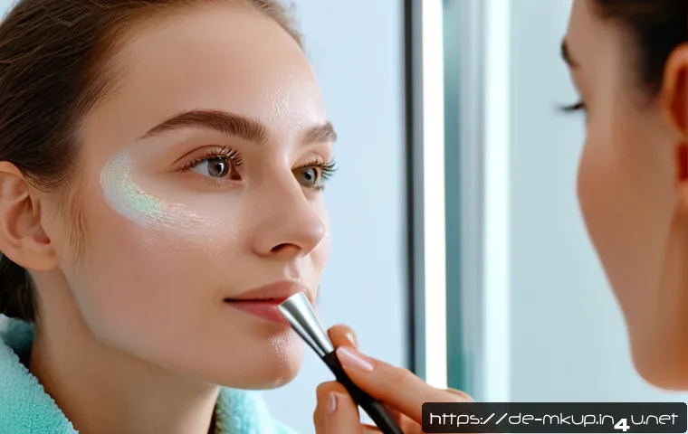 촉촉함을 유지하는 글로우 파우더 - A close-up portrait of a young woman with glowing, hydrated skin applying glow powder with a soft br...