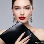 맥 러시안레드와 루비우 비교 - A sophisticated woman with cool-toned porcelain skin wearing a classic elegant black evening dress, ...