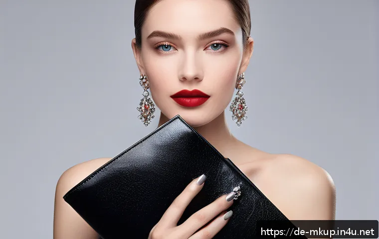 맥 러시안레드와 루비우 비교 - A sophisticated woman with cool-toned porcelain skin wearing a classic elegant black evening dress, ...