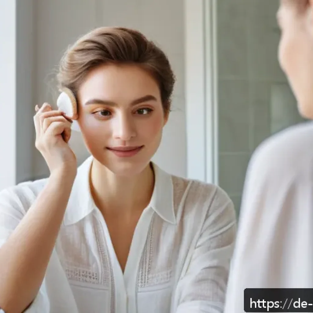 루스 파우더와 프레스드 파우더의 차이 - A close-up portrait of a young woman with sensitive, dry skin applying loose translucent powder with...