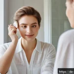 루스 파우더와 프레스드 파우더의 차이 - A close-up portrait of a young woman with sensitive, dry skin applying loose translucent powder with...