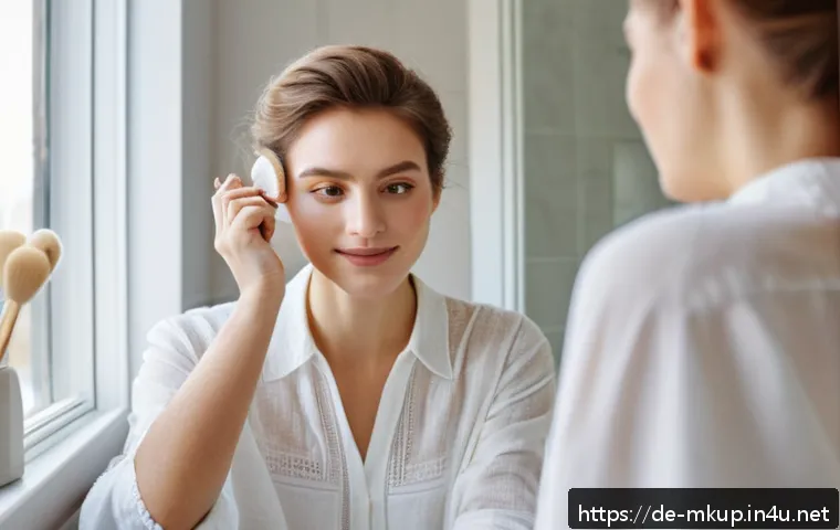 루스 파우더와 프레스드 파우더의 차이 - A close-up portrait of a young woman with sensitive, dry skin applying loose translucent powder with...
