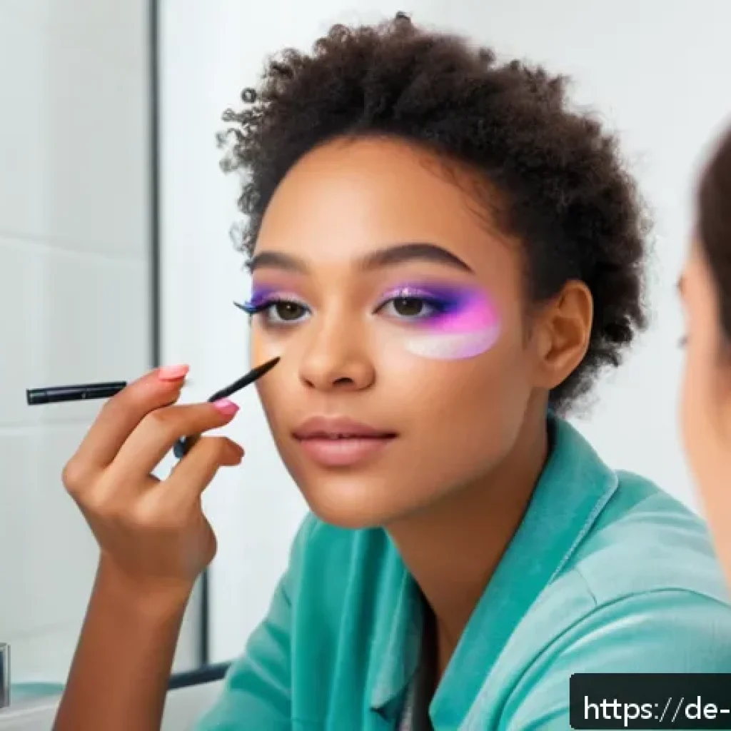 아이섀도우 스틱과 팔레트 비교 - A modern, bright bathroom scene featuring a young adult woman with light skin applying cream eyeshad...