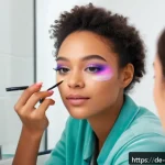 아이섀도우 스틱과 팔레트 비교 - A modern, bright bathroom scene featuring a young adult woman with light skin applying cream eyeshad...