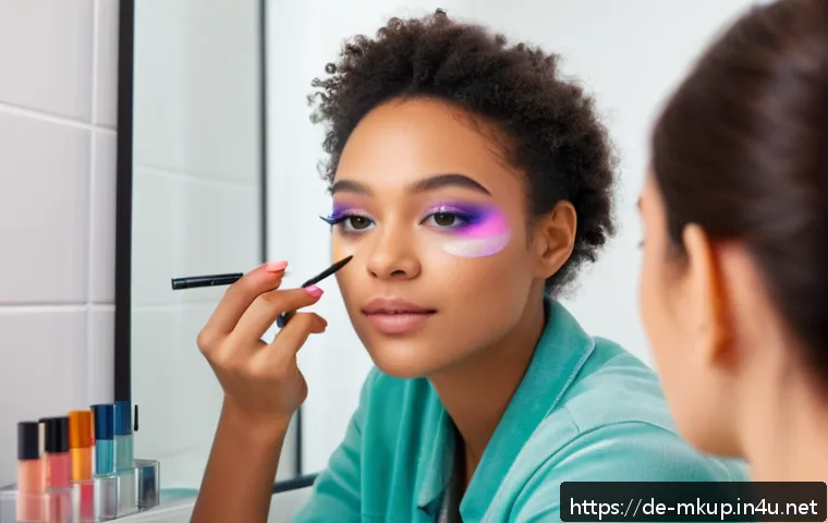 아이섀도우 스틱과 팔레트 비교 - A modern, bright bathroom scene featuring a young adult woman with light skin applying cream eyeshad...