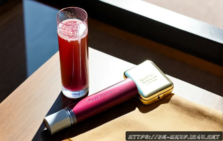 Home 17 오랜 지속력을 자랑하는 립틴트 - Photorealistic beauty flat lay of a long-lasting lip tint in a sleek unbranded tube beside a clear g...